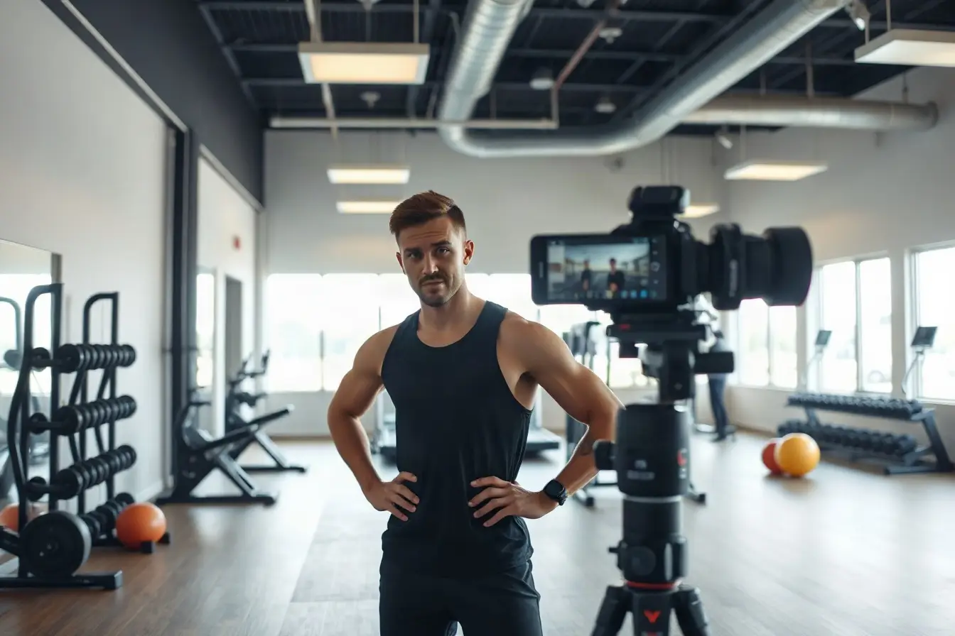 Fitness trainer being filmed for social media in a modern gym